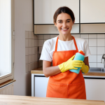 A brightly lit, modern kitchen in a Parisian apartment, spotless and organized, with a cleaning lady smiling while holding a microfiber cloth and a bottle of eco-friendly cleaning product. The scene emphasizes cleanliness, efficiency, and a pleasant working environment.