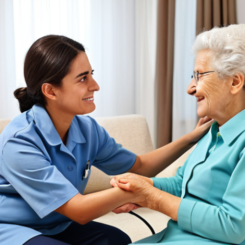 Home 6 A professional female home care assistant, fully clothed in a modest, clean uniform, gently interacting with an elderly female client in a cozy, bright living room. The assistant is making eye contact, listening attentively with a warm, reassuring expression, demonstrating active empathy. The elderly client is fully clothed in comfortable, appropriate attire, sitting peacefully in an armchair. The scene conveys warmth, respect, and compassionate human connection. Perfect anatomy, correct proportions, natural pose, well-formed hands, proper finger count, natural body proportions, professional photography, high quality, safe for work, appropriate content, fully clothed, family-friendly.