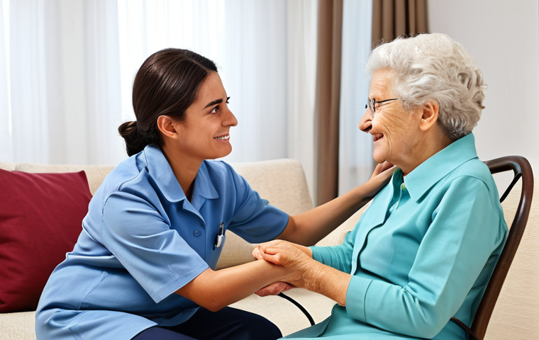 A professional female home care assistant, fully clothed in a modest, clean uniform, gently interacting with an elderly female client in a cozy, bright living room. The assistant is making eye contact, listening attentively with a warm, reassuring expression, demonstrating active empathy. The elderly client is fully clothed in comfortable, appropriate attire, sitting peacefully in an armchair. The scene conveys warmth, respect, and compassionate human connection. Perfect anatomy, correct proportions, natural pose, well-formed hands, proper finger count, natural body proportions, professional photography, high quality, safe for work, appropriate content, fully clothed, family-friendly.
