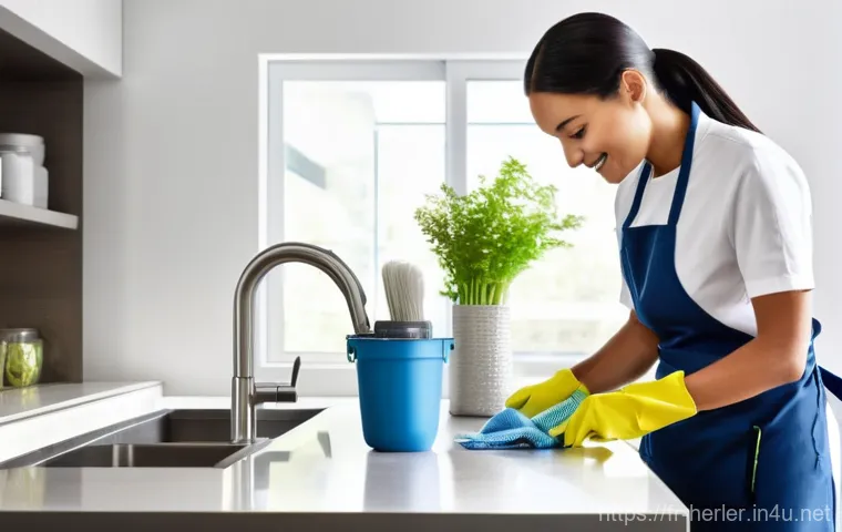 가사도우미로서 첫 업무 경험 공유 - **Prompt: "A professional cleaning assistant, a woman in her late 20s or early 30s, stands thoughtfu...