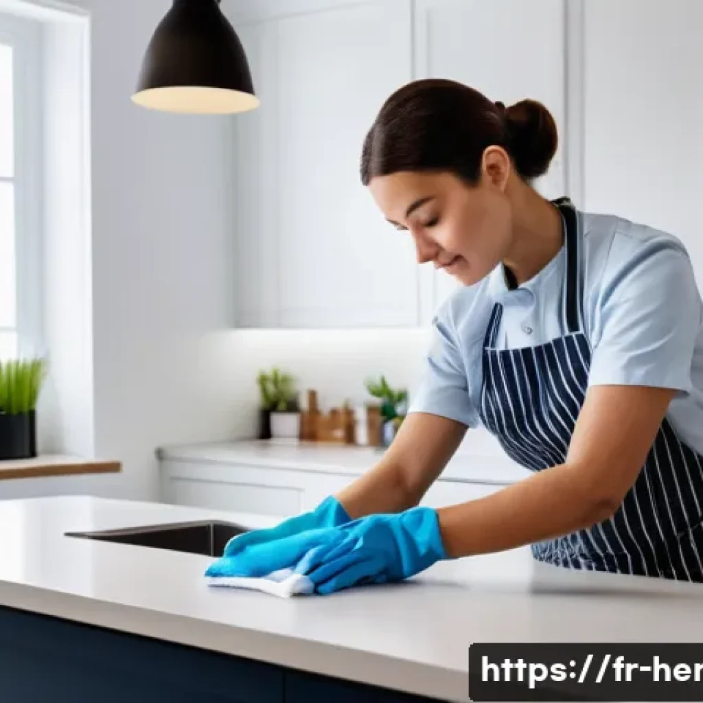 생활가사도우미 자격증 시험 과목별 공부 전략 - A professional domestic cleaner wearing clean, practical clothing and disposable gloves, carefully r...