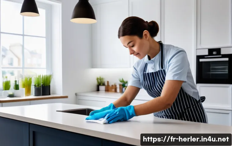 생활가사도우미 자격증 시험 과목별 공부 전략 - A professional domestic cleaner wearing clean, practical clothing and disposable gloves, carefully r...