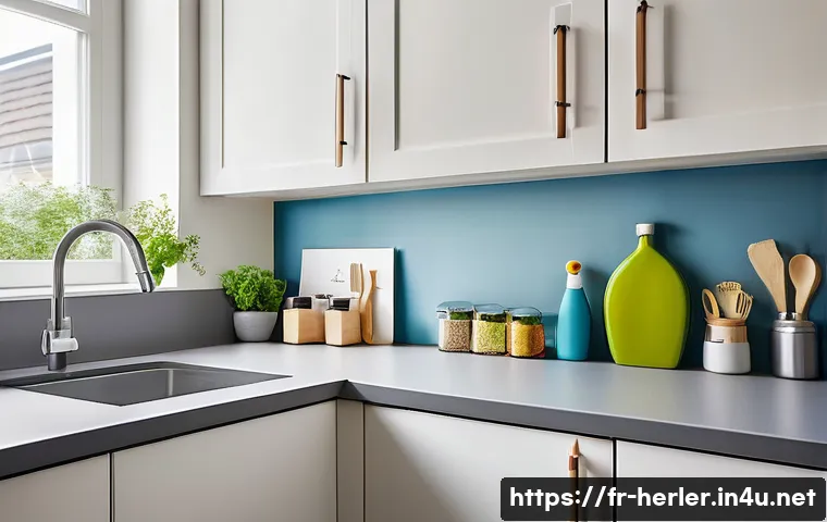 가사도우미로서 추천하는 일상 청소 루틴 - A bright, modern French kitchen with clean, organized countertops immediately after cooking; natural...