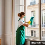생활가사도우미로서 전문성을 갖추는 법 - A professional house cleaner wearing gloves and a neat uniform, carefully wiping a large French-styl...