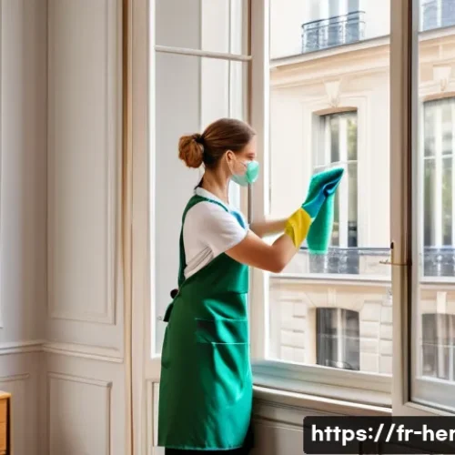생활가사도우미로서 전문성을 갖추는 법 - A professional house cleaner wearing gloves and a neat uniform, carefully wiping a large French-styl...