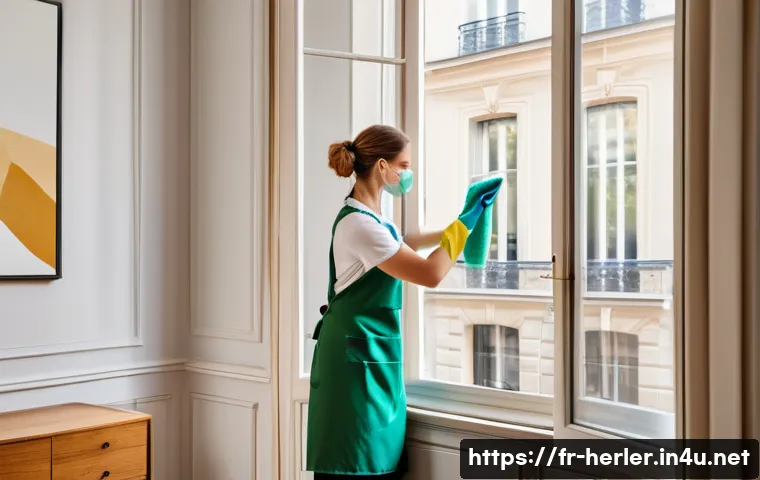 생활가사도우미로서 전문성을 갖추는 법 - A professional house cleaner wearing gloves and a neat uniform, carefully wiping a large French-styl...