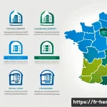 생활가사도우미 자격증의 시험 비용과 준비 예산 - A detailed infographic-style image showing a French regional map with icons representing different e...