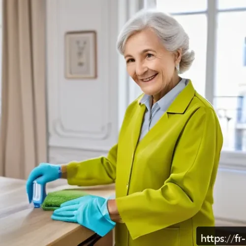 생활가사도우미의 근로 환경 개선 방안 - A professional French home care aide wearing tidy, comfortable work attire including a blouse and tr...