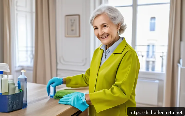 생활가사도우미의 근로 환경 개선 방안 - A professional French home care aide wearing tidy, comfortable work attire including a blouse and tr...
